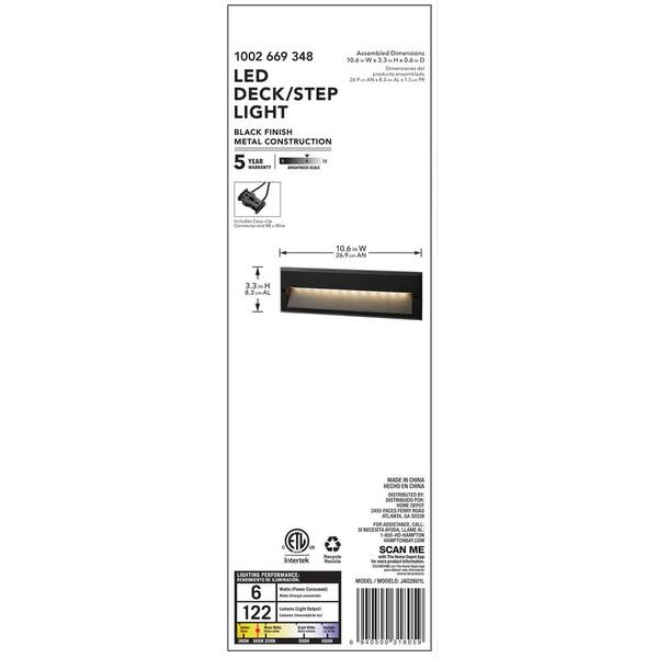 Hampton Bay 122 Lumen 10.6 In. Low Voltage Black Integrated LED Deck Light