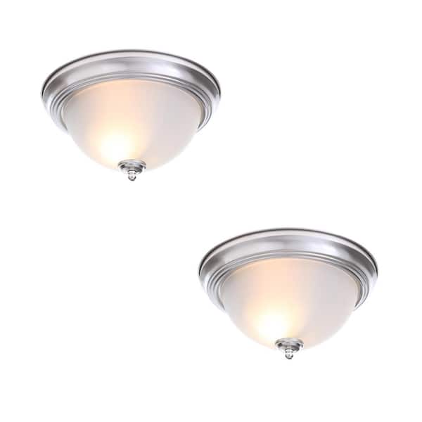 Commercial Electric 13 in. 2-Light Brushed Nickel Flush Mount with Frosted Glass Shade (2-Pack)