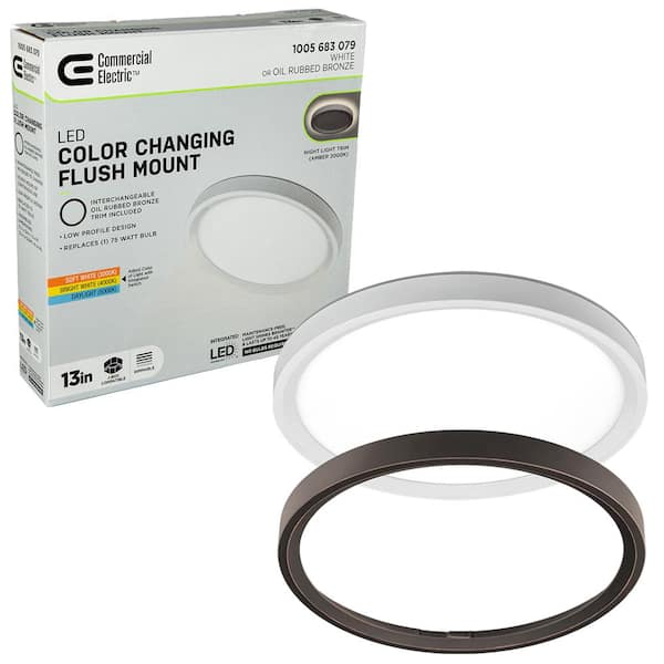 Commercial Electric 13 in. White Oil Rubbed Bronze Trims 1350 Lumens LED Flush Mount Ceiling Light Fixture with Night Light Adjustable CCT