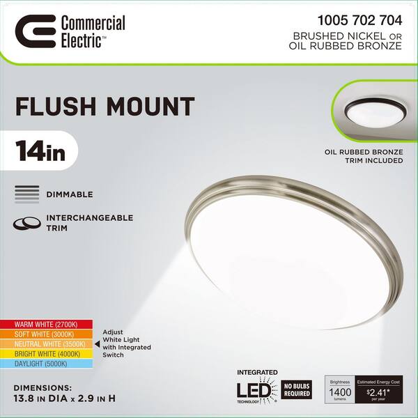 Commercial Electric 14 In. Light Brushed Nickel And Oil-Rubbed Bronze Adjustable CCT Integrated LED Flush Mount With Interchangeable Trim