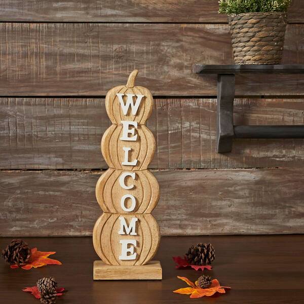 VHC BRANDS 16.5 In. Brown Wooden Pumpkin Stack Welcome Christmas Sign
