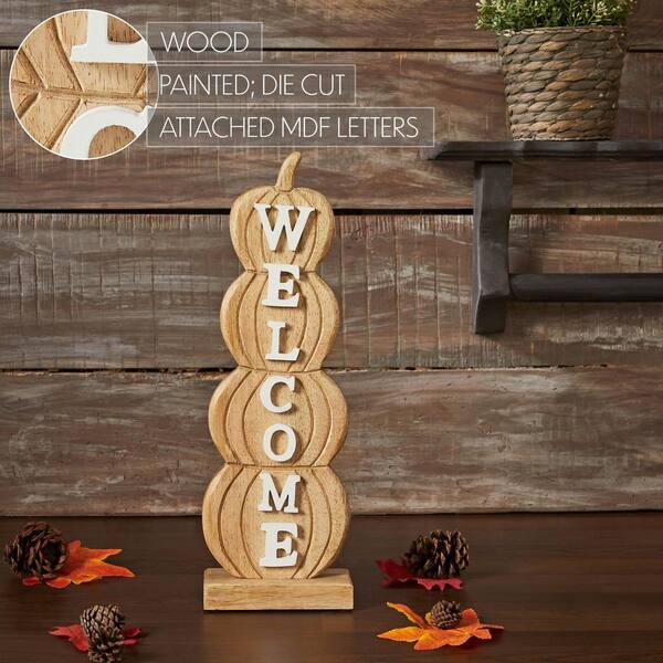 VHC BRANDS 16.5 In. Brown Wooden Pumpkin Stack Welcome Christmas Sign