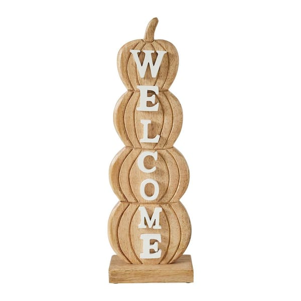 VHC BRANDS 16.5 in. Brown Wooden Pumpkin Stack Welcome Christmas Sign