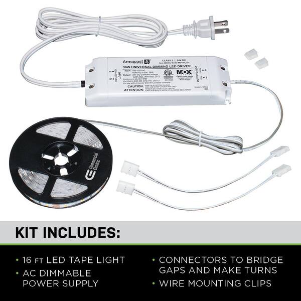 Commercial Electric 16 Ft. LED AC Dimmable White Tape Light Kit Under Cabinet Light