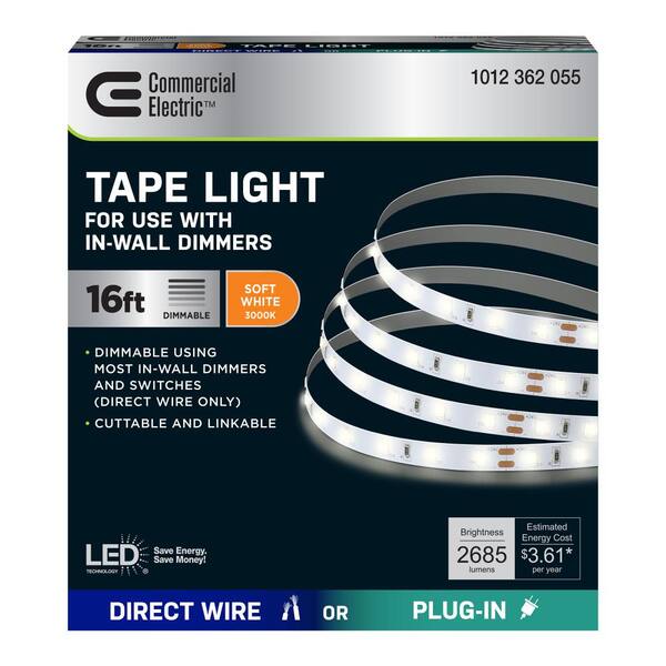 Commercial Electric 16 Ft. Plug-In/Hardwire Cuttable/Linkable Dimmable Integrated LED 3000K Indoor Under Cabinet Tape Strip Light