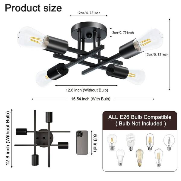 TOZING 16 In. Black Farmhouse Semi-Flush Mount Ceiling Light Fixtures Modern Sputnik Chandelier For Kitchen Bedroom Dining Room