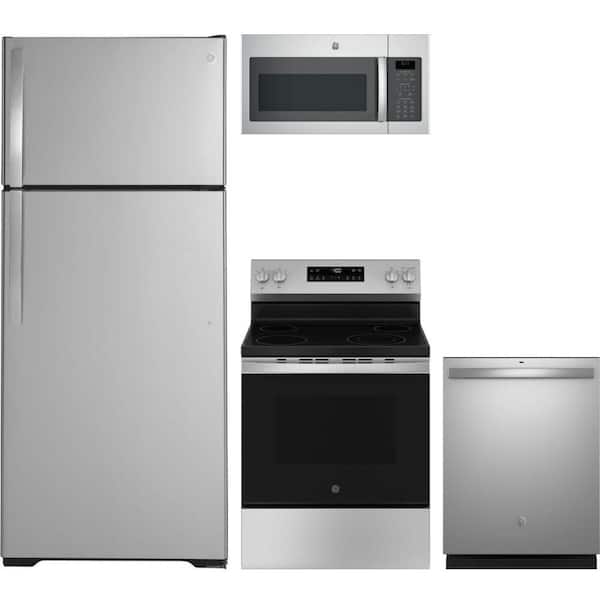 GE 17.5 cu. ft. Counter Depth Refrigerator with 4 Burner Freestanding Electric Range and Dishwasher with 3rd Rack
