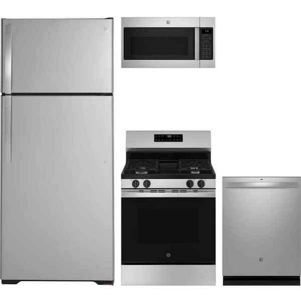 GE 17.5 cu. ft. Counter Depth Refrigerator with 4 Burner Freestanding Gas Range and Dishwasher with Dry Boost