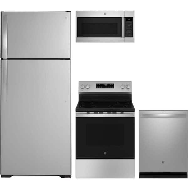 GE 17.5 cu. ft. Counter Depth Refrigerator with 4 Burner Freestanding Electric Range and Dishwasher with Dry Boost