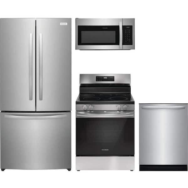 Frigidaire 17.6 cu. ft. Counter Depth Refrigerator with 5 Burner Freestanding Electric Range and Dishwasher with 4-Cycles