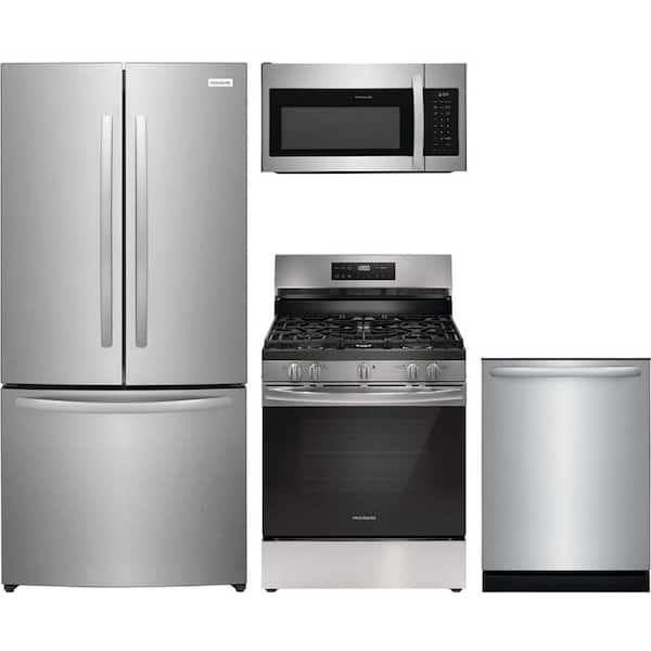 Frigidaire 17.6 cu. ft. Counter Depth Refrigerator with 5 Burner Freestanding Gas Range and Dishwasher with 4-Cycles