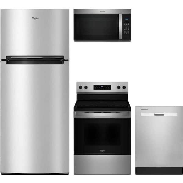 Whirlpool 18 cu. ft. Counter Depth Refrigerator with 5 Burner Freestanding Electric Range and Fingerprint Resistant Dishwasher