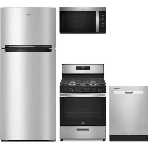 Whirlpool 18 cu. ft. Counter Depth Refrigerator with 5 Burner Freestanding Gas Range and Fingerprint Resistant Dishwasher