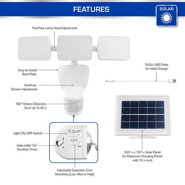 Defiant 180° White Motion Sensing Security Light Solar Powered Outdoor 3-Head LED Flood Light 2100 Lumens