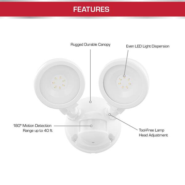 Defiant 180° White Motion Sensing Security Light Wired Outdoor 2-Head LED Flood Light 1000 Lumens