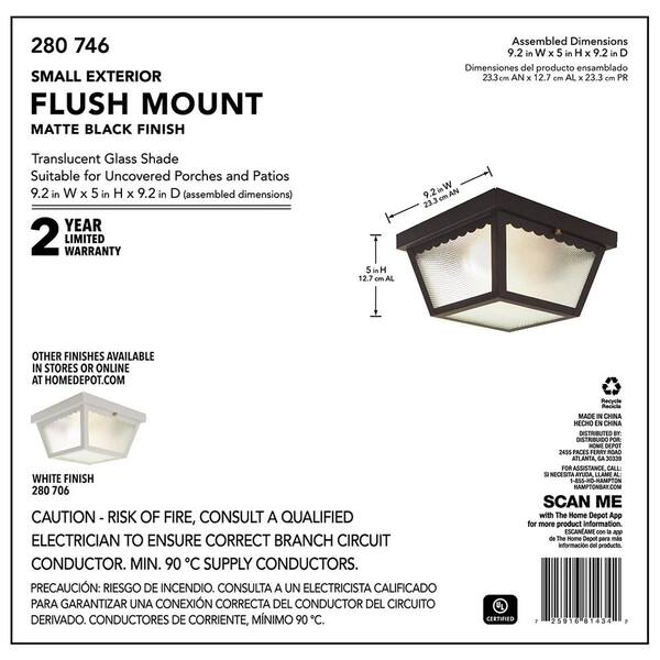 Hampton Bay 2-Light Matte Black Outdoor Ceiling Light Flush Mount Light
