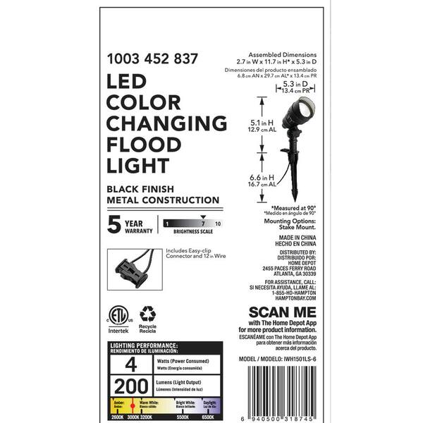 Hampton Bay 200 Lumen Millennium Black Adjustable Light Color Integrated LED Outdoor Landscape Flood Light