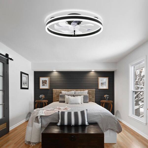 Oaks Aura 20in. LED Indoor Black Bladeless Low Profile Ceiling Fan Flush Mount Smart App Remote Control Dimmable Lighting