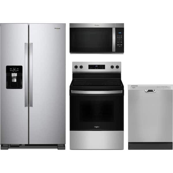 Whirlpool 21.4 cu. ft. Counter Depth Refrigerator with 4 Burner Freestanding Electric Range and Dishwasher with Boost Cycle