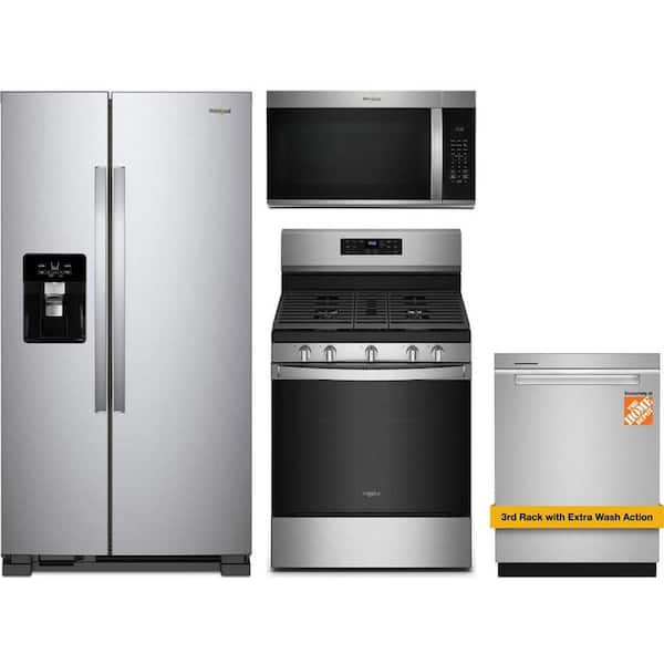 Whirlpool 21.4 cu. ft. Counter Depth Refrigerator with 5 Burner Freestanding Gas Range and Dishwasher with 3rd Rack