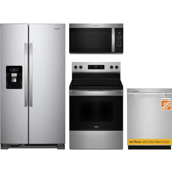 Whirlpool 21.4 cu. ft. Standard Depth Refrigerator with 5 Burner Freestanding Electric Range and Dishwasher with 3rd Rack