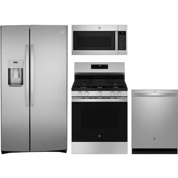 GE 21.8 cu. ft. Counter Depth Refrigerator with 5 Burner Freestanding Gas Range and Dishwasher with Dry Boost