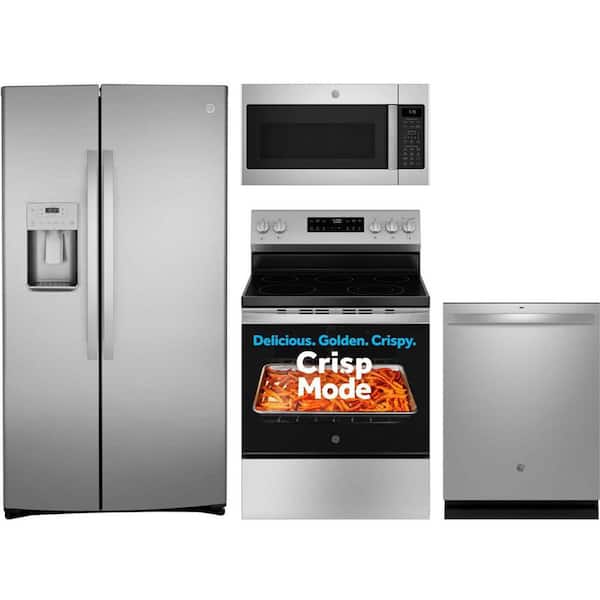 GE 21.8 cu. ft. Counter Depth Refrigerator with 5 Burner Freestanding Electric Range and Dishwasher with Dry Boost