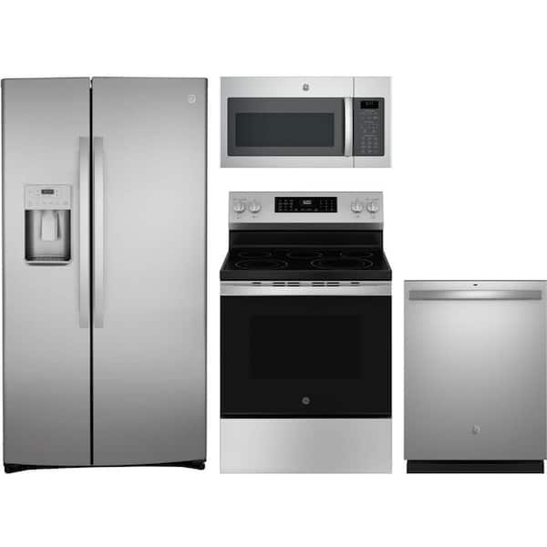 GE 21.8 cu. ft. Counter Depth Refrigerator with 5 Burner Freestanding Electric Range and Dishwasher with 3rd Rack