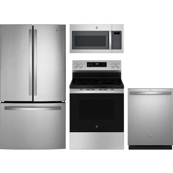 GE 21.9 cu. ft. Counter Depth Refrigerator with 5 Burner Freestanding Electric Range and Dishwasher with 3rd Rack