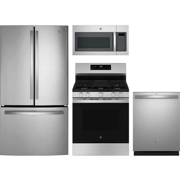 GE 21.9 cu. ft. Counter Depth Refrigerator with 5 Burner Freestanding Gas Range and Dishwasher with 3rd Rack