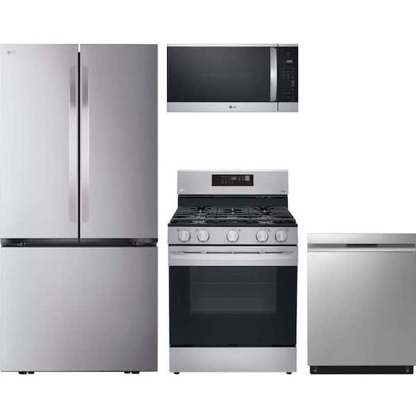 LG 21 cu. ft. Counter Depth Refrigerator with 5 Burner Freestanding Gas Range and Dishwasher with QuadWash