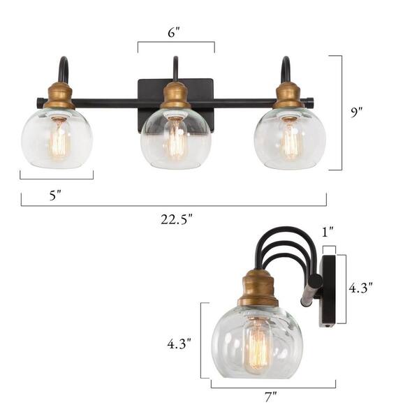 LNC 22.5 In. 3-Light Modern Aged Brass And Black Bathroom Vanity Light With Clear Glass Globe Shades Bathroom Sconce
