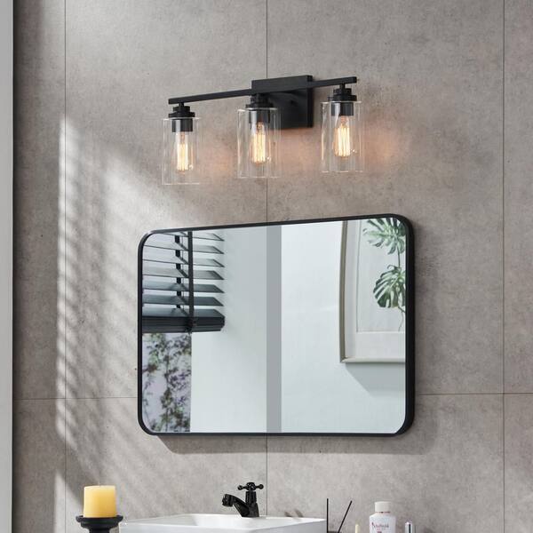 KAWOTI 22 In. 3-Light Black Vanity Light With Clear Glass Shade