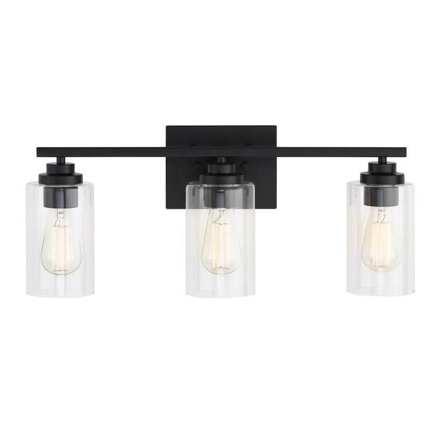 KAWOTI 22 In. 3-Light Black Vanity Light With Clear Glass Shade