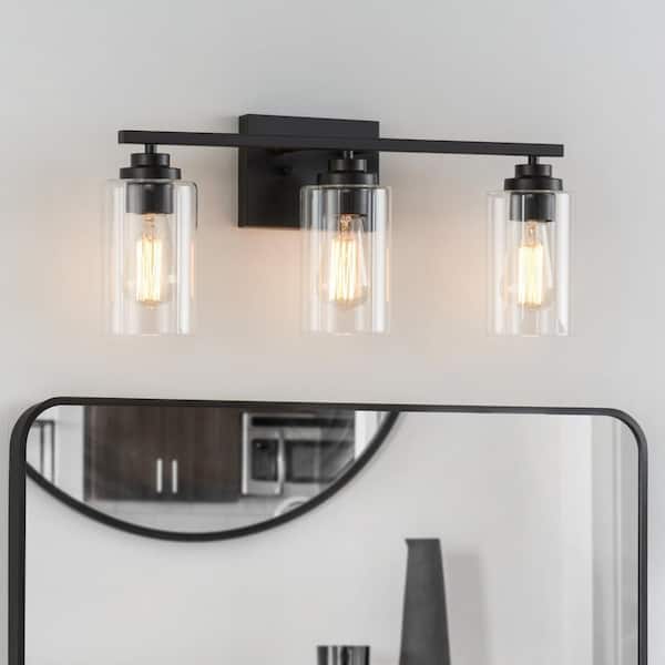 KAWOTI 22 in. 3-Light Black Vanity Light with Clear Glass Shade