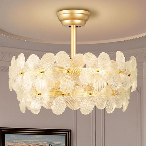 ARISKEEN 22 in. Indoor Gold Glass Flower Ceiling Fan with Light Caged Fandelier with Remote Control 6-Speeds for Bedroom