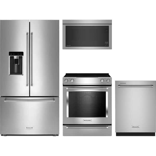 KitchenAid 23.8 cu. ft. Counter Depth Refrigerator with 5 Burner Slide-In Electric Range and Dishwasher with 3rd Rack