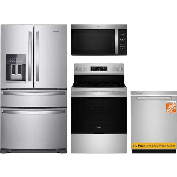 Whirlpool 24.5 cu. ft. Standard Depth Refrigerator with 5 Burner Freestanding Electic Range and Dishwasher with 3rd Rack
