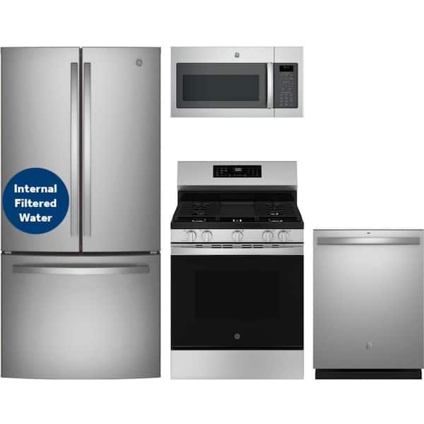 GE 24.7 cu. ft. Standard Depth Refrigerator with 5 Burner Freestanding Gas Range and Dishwasher with 3rd Rack