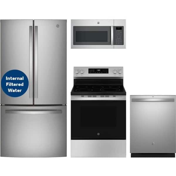 GE 24.7 cu. ft. Standard Depth Refrigerator with 5 Burner Freestanding Electric Range and Dishwasher with 3rd Rack