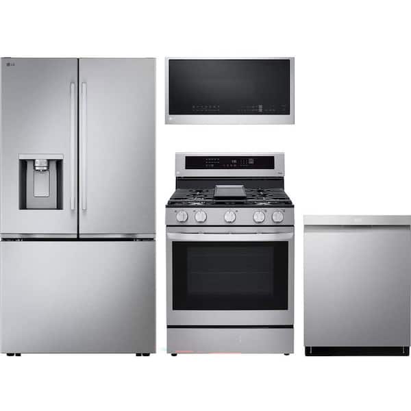 LG 24 cu. ft. Counter Depth Refrigerator with 5 Burner Freestanding Gas Range and Dishwasher with QuadWash