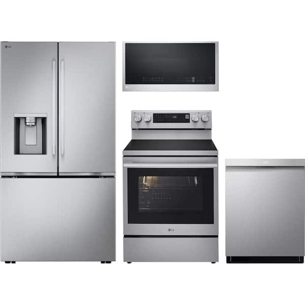 LG 24 cu. ft. Counter Depth Refrigerator with 5 Burner Freestanding Range and Dishwasher with QuadWash