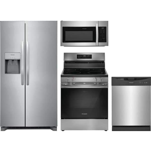 Frigidaire 25.6 cu. ft. Standard Depth Refrigerator with 5 Burner Freestanding Electric Range and Dishwasher