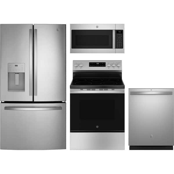 GE 25.6 cu. ft. Standard-Depth Refrigerator with 5 Element Freestanding Electric Range and Dishwasher with Dry Boost