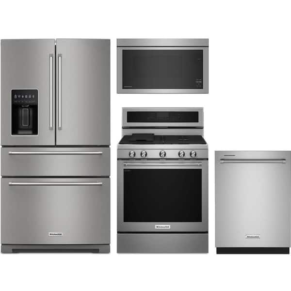 KitchenAid 26.2 cu. ft. Standard Depth Refrigerator with 5 Burner Freestanding Gas Range and Dishwasher with 3rd Rack