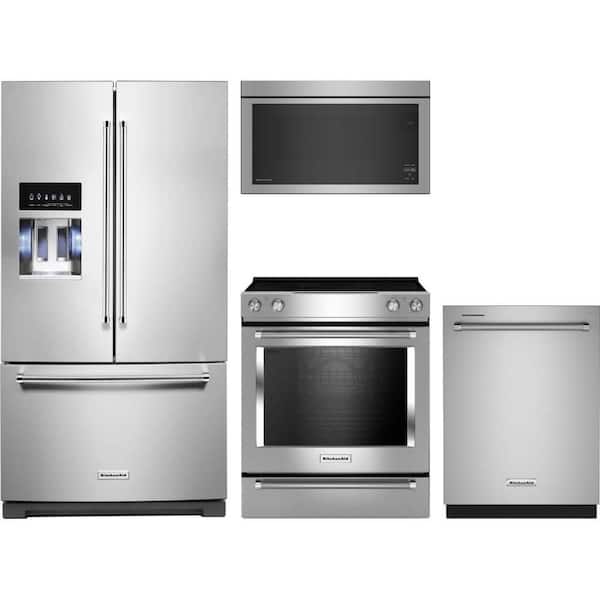 KitchenAid 26.8 cu. ft. Standard Depth Refrigerator with 5 Burner Slide-In Electric Range and Dishwasher with 3rd Rack
