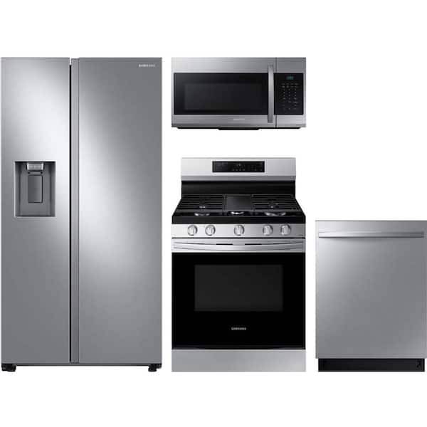 Samsung 27.4 cu. ft. Standard Depth Side by Side Refrigerator with 5 Burner Gas Range and Dishwasher with 3rd Rack