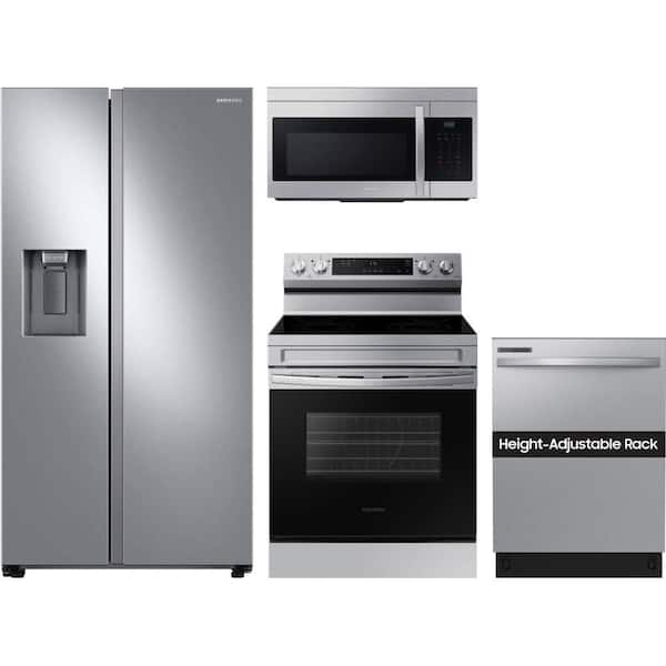Samsung 27.4 cu. ft. Standard Depth Side by Side Refrigerator with 4 Element Smart Freestanding Electric Range and Dishwasher