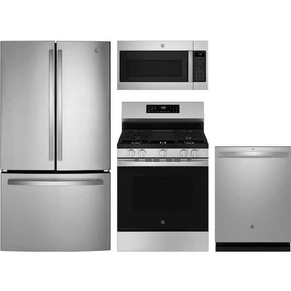 GE 27 cu. ft. Standard Depth Refrigerator with 5 Burner Free-Standing Gas Range and Dishwasher with Dry Boost