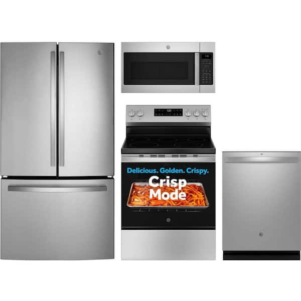 GE 27 cu. ft. Standard Depth Refrigerator with 5 Burner Free-Standing Electric Range and Dishwasher with Dry Boost